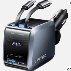 EWITGO 4in1 Retractable Car Charger, Fast Charging USB C, Iphone Car Charger