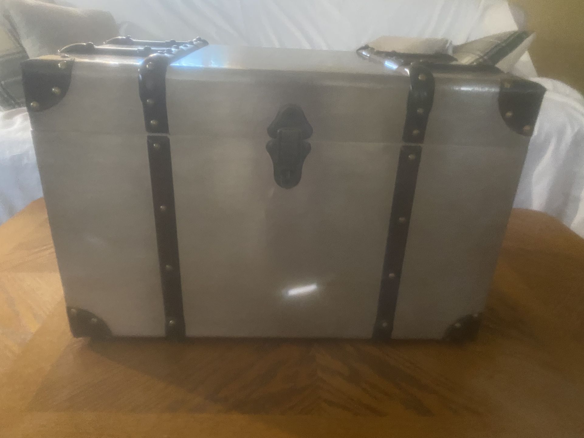 Silver Chest With Brown Leather Trim