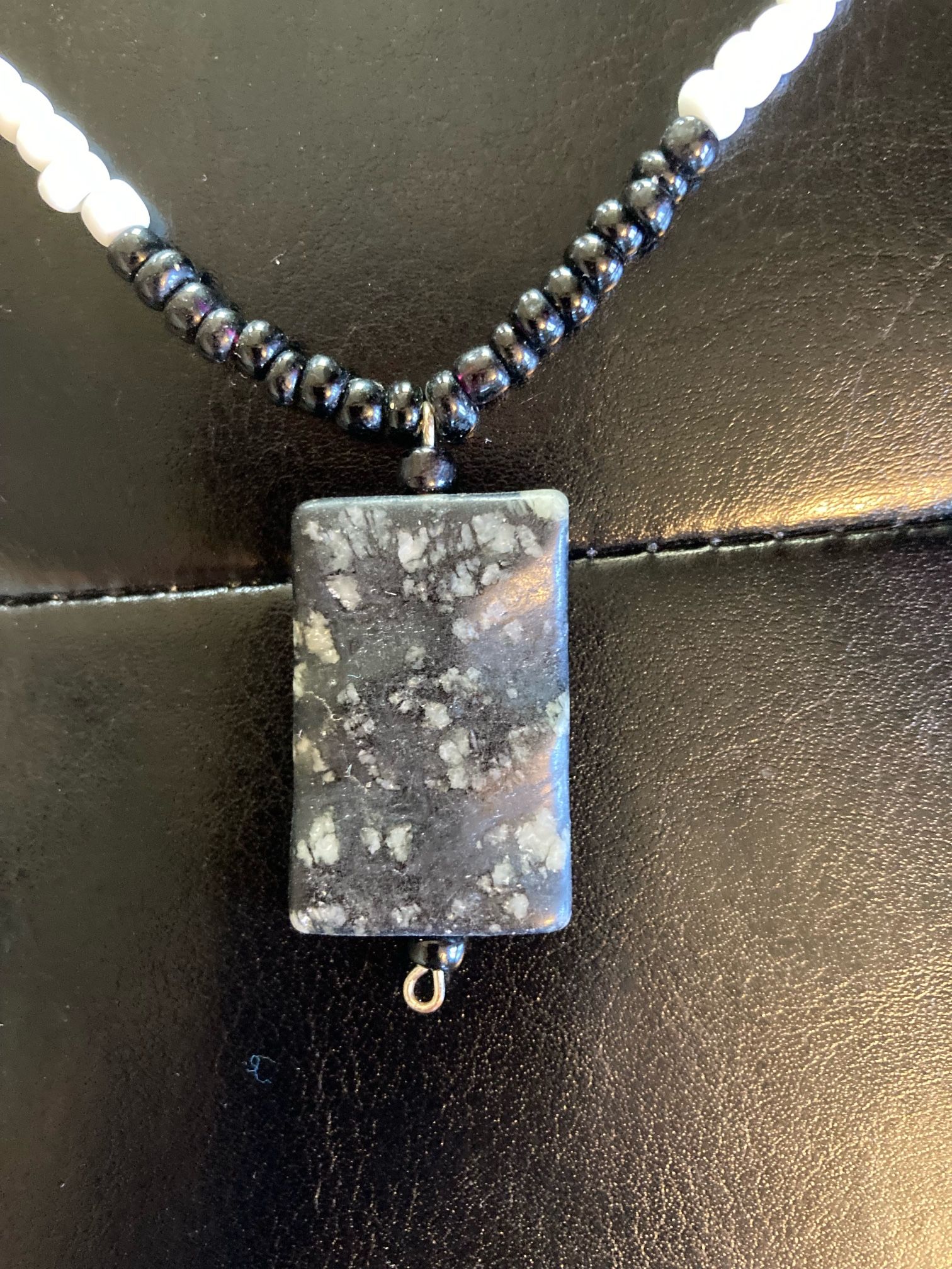 Black and White Beaded Necklace with Stone