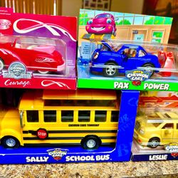 Chevron Sally School Bus & Three Car Collection (Brand New
