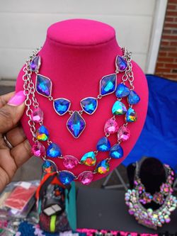 Multicolor Crystal Statement Necklace Silver Tone