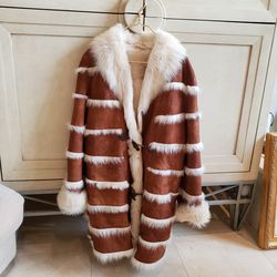 New Designer Douglas Hannant Tan Leather Long Hair Shearling Coat Fully Lined Large