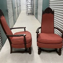 Rare Antique Vintage Pair Regency Rosewood High Back Upholstered Armchair