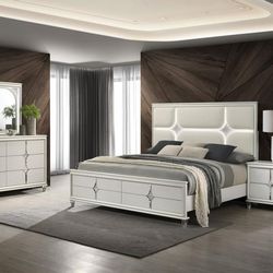 New four piece queen LED  bedroom set with queen bed frame dresser mirror and nightstand on sale now don't miss