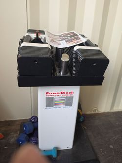 PowerBlock Pro/Rexan-style set that goes to 85 lb per dumbbell, with the stand included.