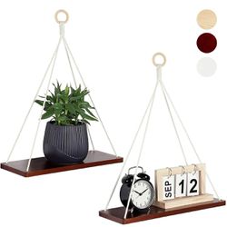 New in box Hanging Shelves for Wall Set of 2 Brown Macrame Wood Floating Shelves Indoor Plant Shelf for Window Hanging Swing Rope Storage Rack Home Mo