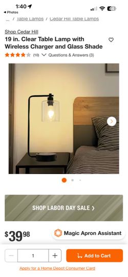19 in. Clear Table Lamp with Wireless Charger and Glass Shade. Brand new in box.