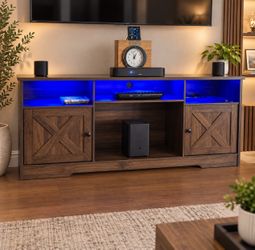 TV Stand for 65 Inch TV, Entertainment Center, Walnut Farmhouse Entertainment Center, Power Outlet & LED Light, Storage Cabinets, Media Furniture for 