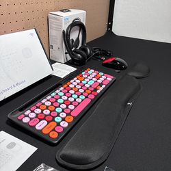 Computer Bundle (Black Colorful) - Wireless Keyboard & Mouse, Wired Headphones, & Wrist Rest Set