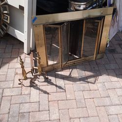 Brass Adirons And Fireplace Cover