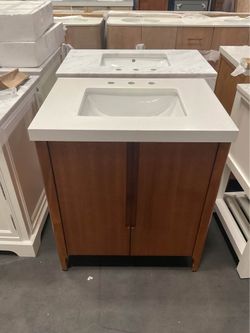 30” Brown Solid Wood Bathroom Vanity with Engineered Marble Top (V128)