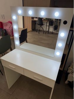 White Makeup Vanity With Mirror, 2 Drawers and LED Lighted