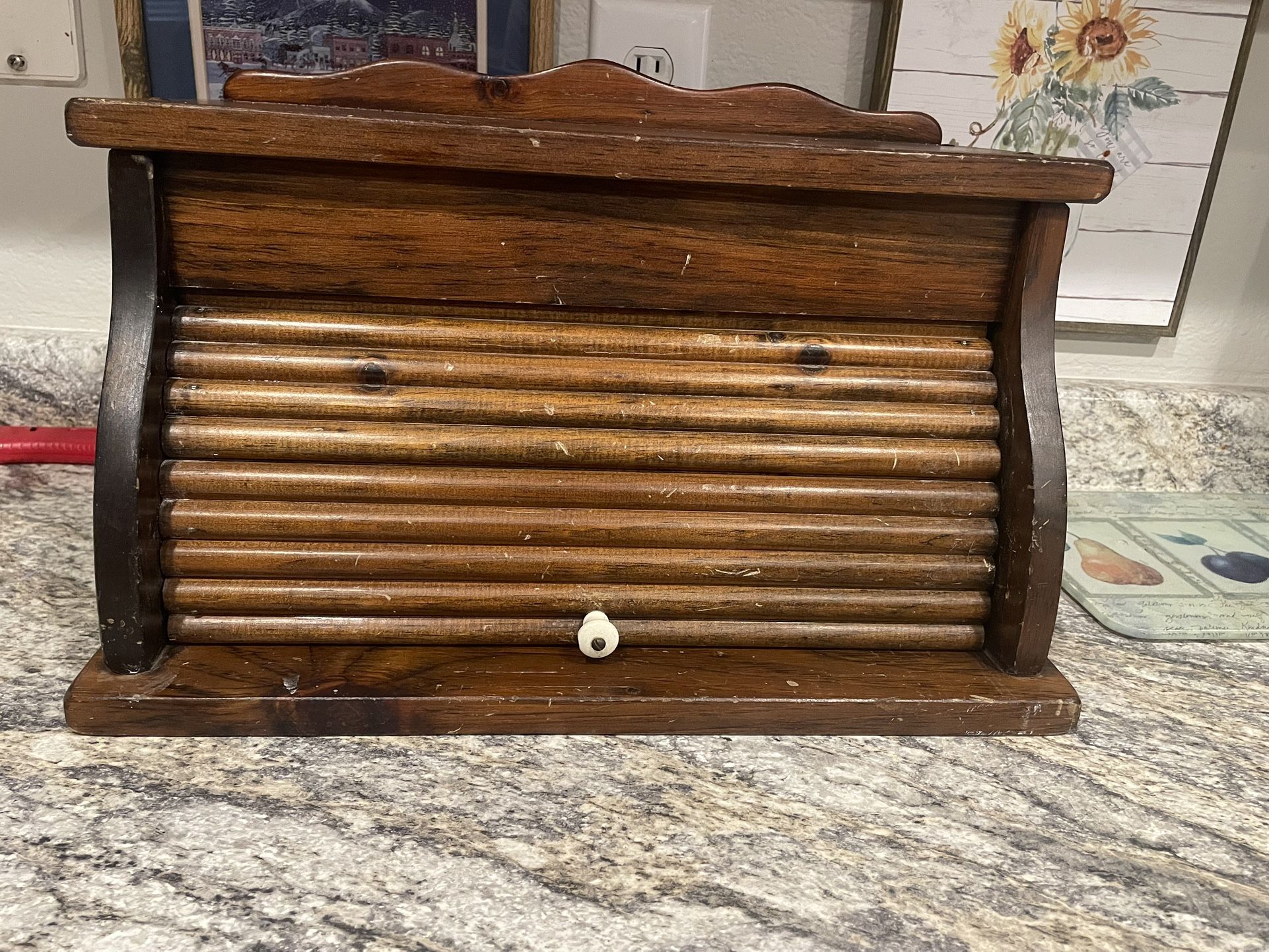 Vintage Wooden Roll Top Bread Box with Curved Sides & Knob – Dark Wood
