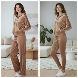 Calvin Klein Women's Camel Velour Hooded Jacket, Wide Leg Pants and Leggings 3 Pieces Set – Size S