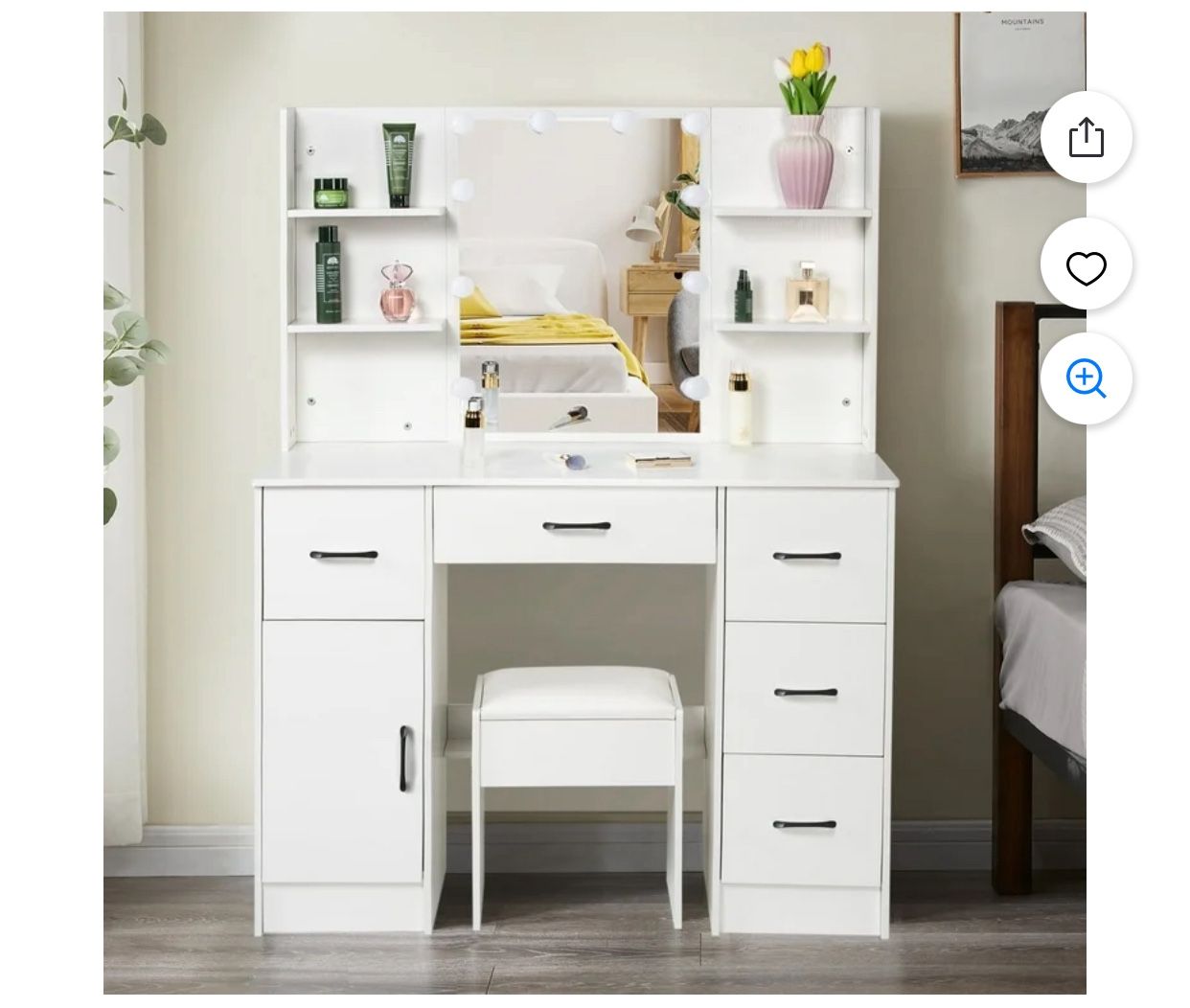 Caulitar Large Makeup Vanity Table Set w/10LED Lighted Mirror Dressing Table with 5 Drawer & Stool for Bedroom, Whtie