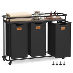 Laundry Sorter, Laundry Hamper with Wheels, 39.6 Gal. (150 L) Portable Rolling Cart Baskets with Shelf, 3 Removable Liners and 6 Labels, Ink Black and