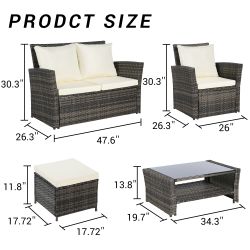 6 Piece Wicker Patio Furniture Sets with Ottoman & Tempered Glass Coffee Table