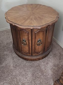 Vintage Round Wood Drum Table with Storage
