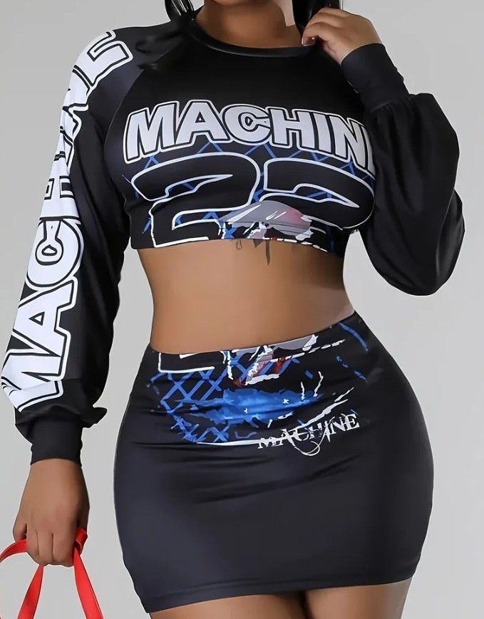 Stylish Printed Raglan Sleeve Top and Skirt Set