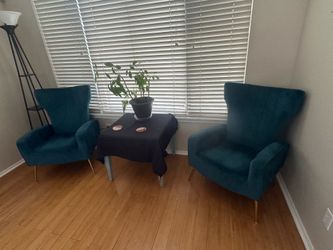 2 Turquoise Velvet Accent Chairs MCM Brass legs