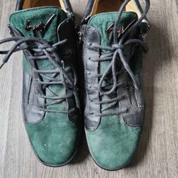 Giuseppe Zanotti high-top sneakers with green suede and black leather with signature double zips. 