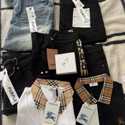 Burberry polos, Purple jeans, burberry shorts, airpods, earrings 