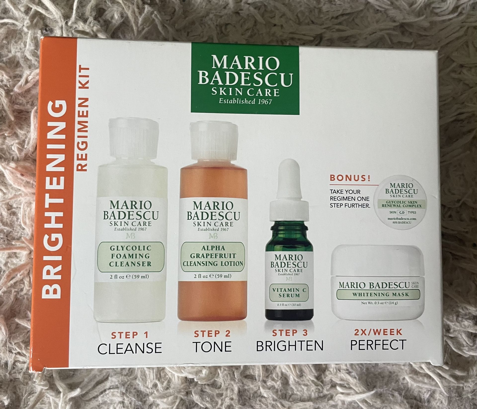 Mario Badescu The Brightening Kit, 5 Piece Kit With Glycolic Foaming Cleanser, Alpha Grapefruit Cleansing Lotion, Vitamin C Serum, Whitening Mask & Gl