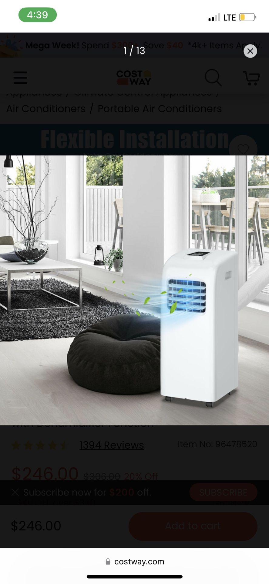 8000 BTU Portable Air Conditioner with Dehumidifier Function