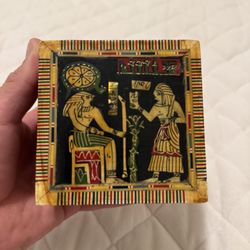 Antique Egyptian themed casket with seashell mosaic wood inlays
