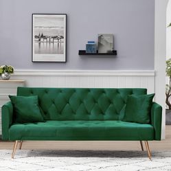 New in box Green Velvet Futon Sofa Bed with 2 Pillows, Convertible Sleeper Sofa Couch