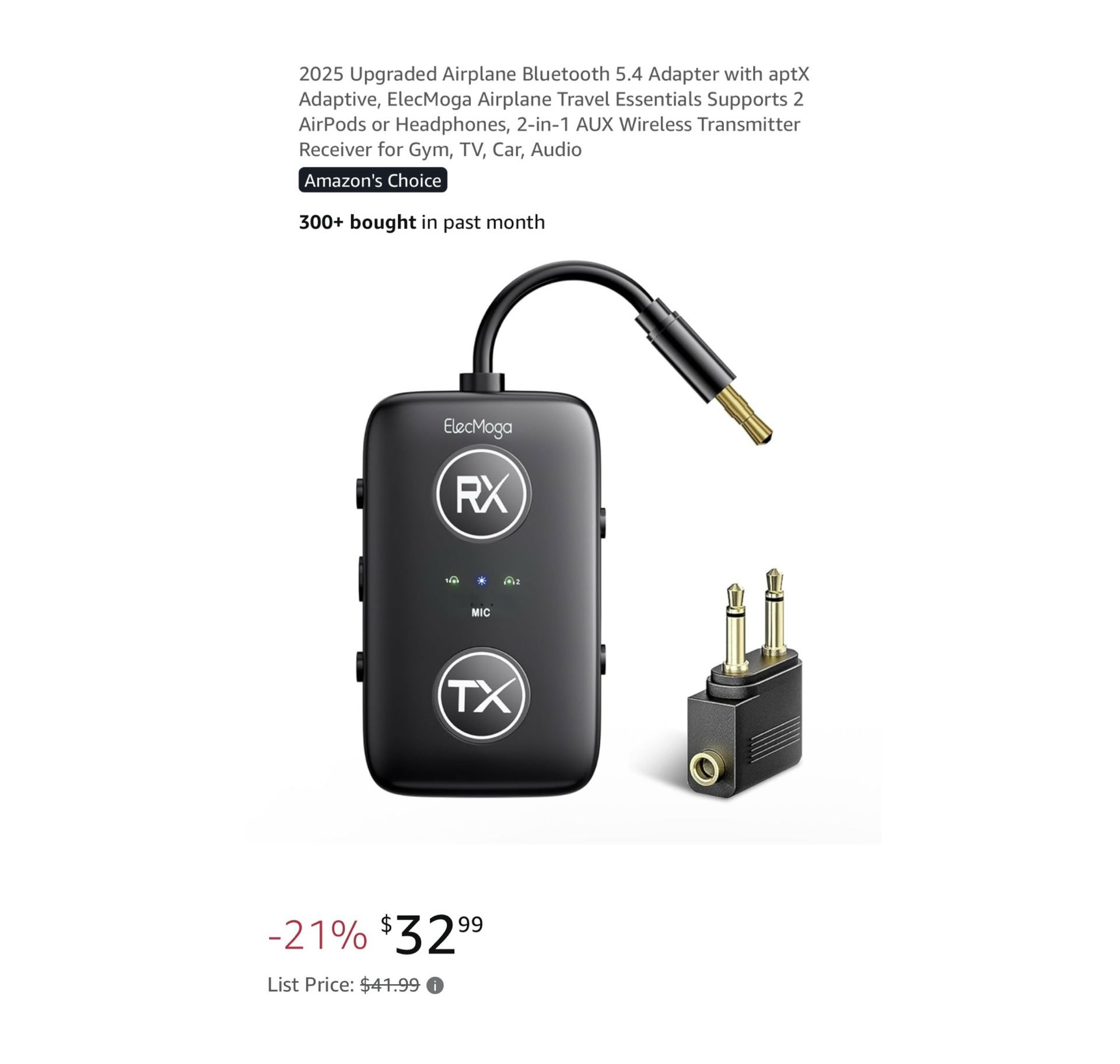 Brand new 2025 Upgraded Airplane Bluetooth 5.4 Adapter with aptX Adaptive, ElecMoga Airplane Travel Essentials Supports 2 AirPods or Headphones, 2-in-