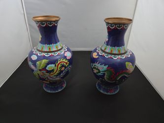 Pair of Vintage Chinese Cloisonné Dragon and Phoenix Vases