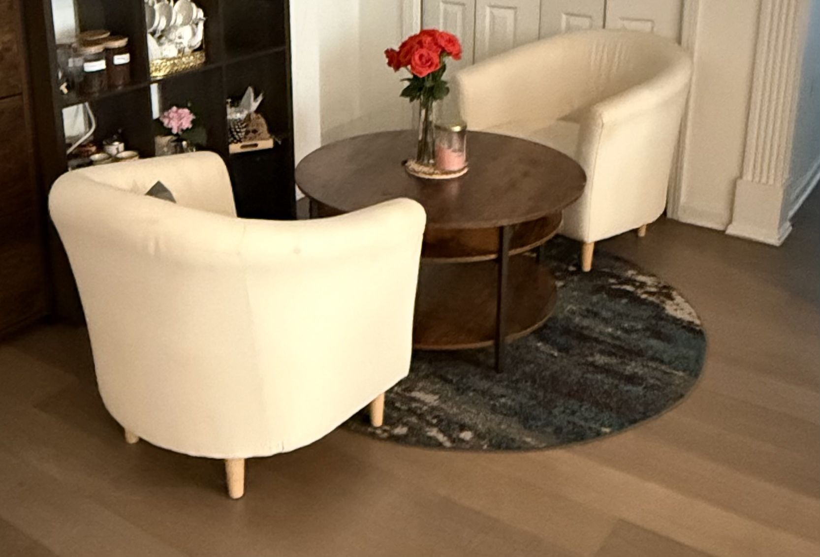 For Sale: 2 Cream Barrel Chairs + Lift-Top Coffee Table — $150 (full set)