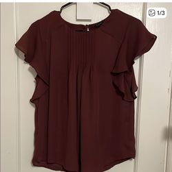 Ann Taylor Red Flutter Sleeve Blouse With Pleated Ruffles… Size SP