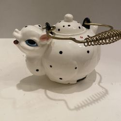 Vintage kitschy MCM 1950s ceramic polka dot Deer teapot with brass spiral handle. Rare find.