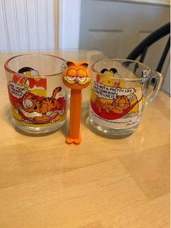 Vintage McDonald's Garfield Glass Mugs and Pez Dispenser Set