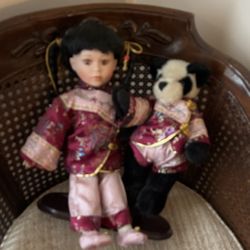 Vintage Porcelain Chinese Doll With Panda Friend
