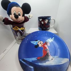 Disney Sorcerer Apprentice Collectable Plate .Plush Doll.     Coffee Mug. Glass.