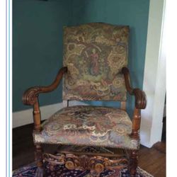 Pair French Hall Chairs Old Tapestry Fabric Set Of 2