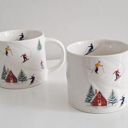 2 Winter’s Scene Ice Skating Country Whimsical Mugs, Holiday, RARE FIND