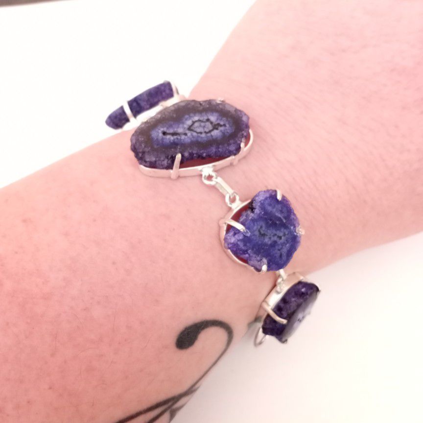 Indigo blue solar quartz druzy sterling silver plated bracelet NEW
