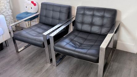 Black Leather Accent Chairs with Chrome Frame – Set of 2