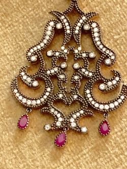 Large Antique Style Ruby Topaz Silver & Bronze Pendant