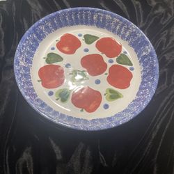 Vintage Ceramic 10” Pie Plate   Blue Sponged Edging