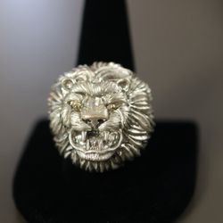 Roaring Lion Head Ring 925 Yellow Eyes 18k Size 12.25