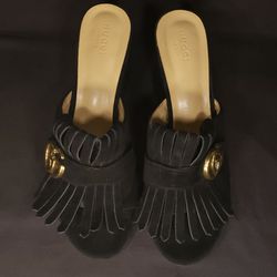 Gucci Black Marmont Scamosciato Gg Fringe Mid Heel Sandals Mules/Slides