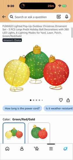 FUNNGO Lighted Pop-Up Outdoor Christmas Ornament Set - 3 PCS Large Prelit Holiday Ball Decorations with 260 LED Lights, 8 Lighting Modes for Yard, Law