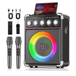 Karaoke Machine for Adults Kids, Portable Bluetooth Speaker w/2 Wireless Microphones, 24H Playtime, TWS, Bluetooth (NEW)