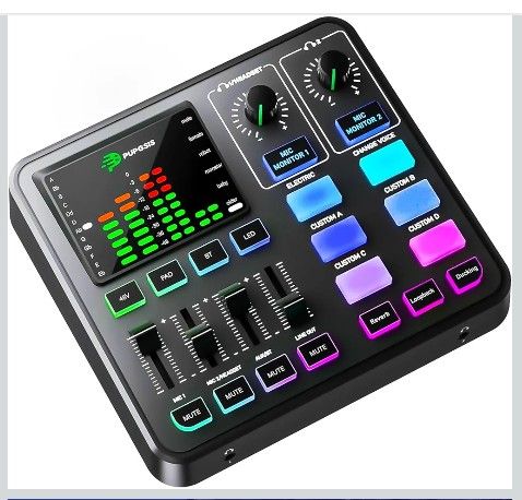 Gaming Audio Mixer, Audio Interface for PC/Podcast/Streaming, Sound Board with 3.5mm/XLR Mic Input, 48V Phantom Power, Voice Changer, Live Sound Card