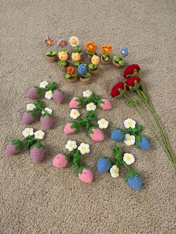 Crocheted Mini Potted Flowers, Strawberries, Roses